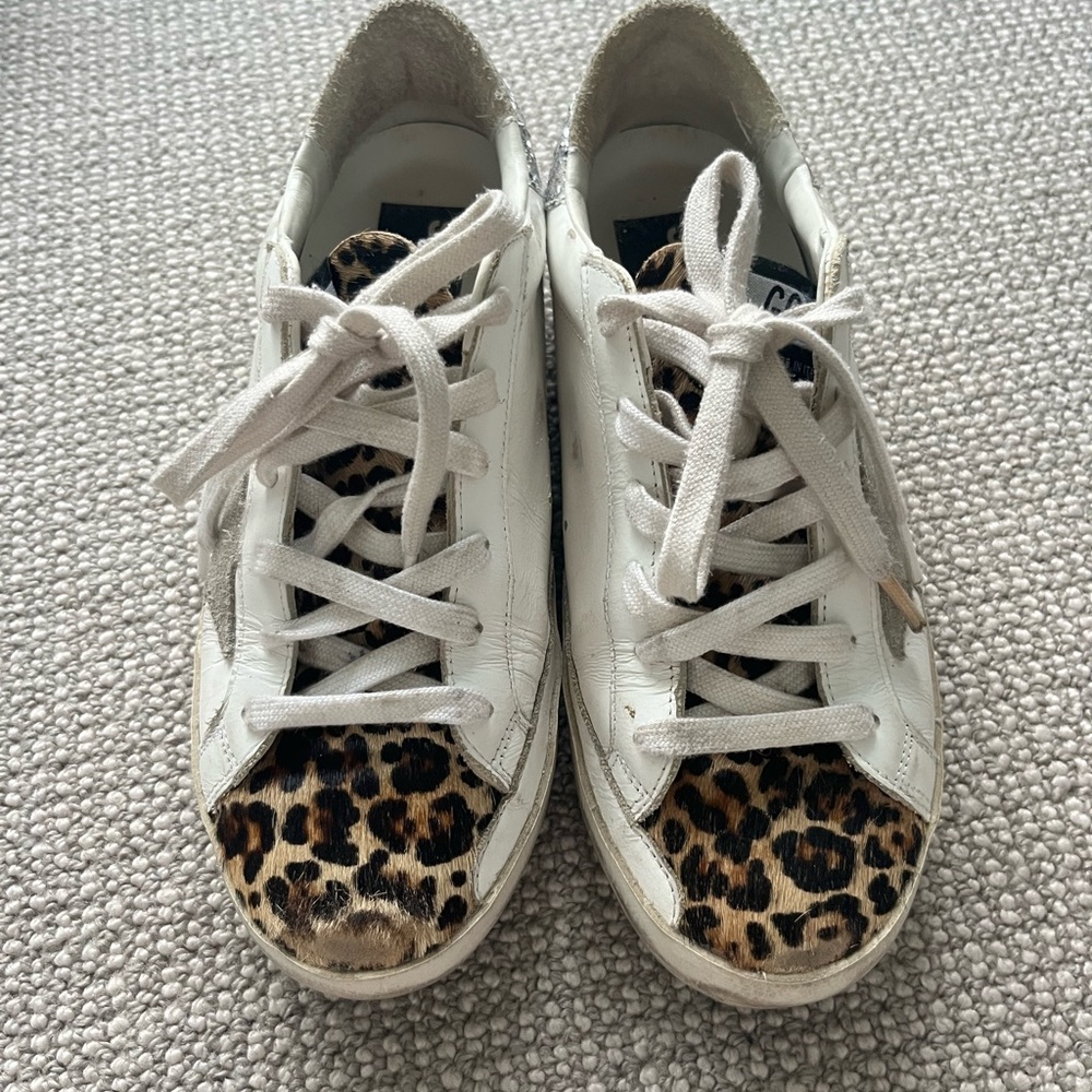 Golden Goose White with Leopard and Glitter Sneakers with Red Laces - Picture 2 of 4